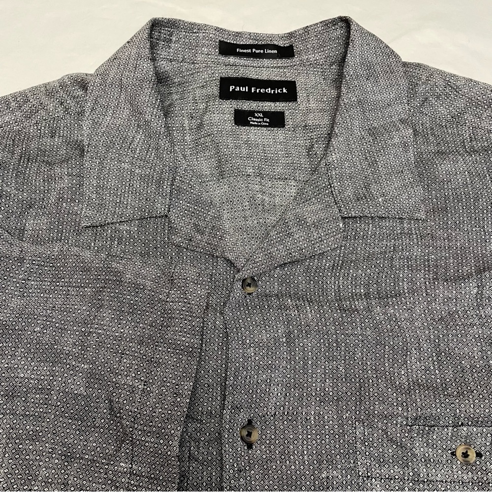 Paul Fredrick Mens Black and White Patterned 100% Linen Shirt Short Sleeve XXL